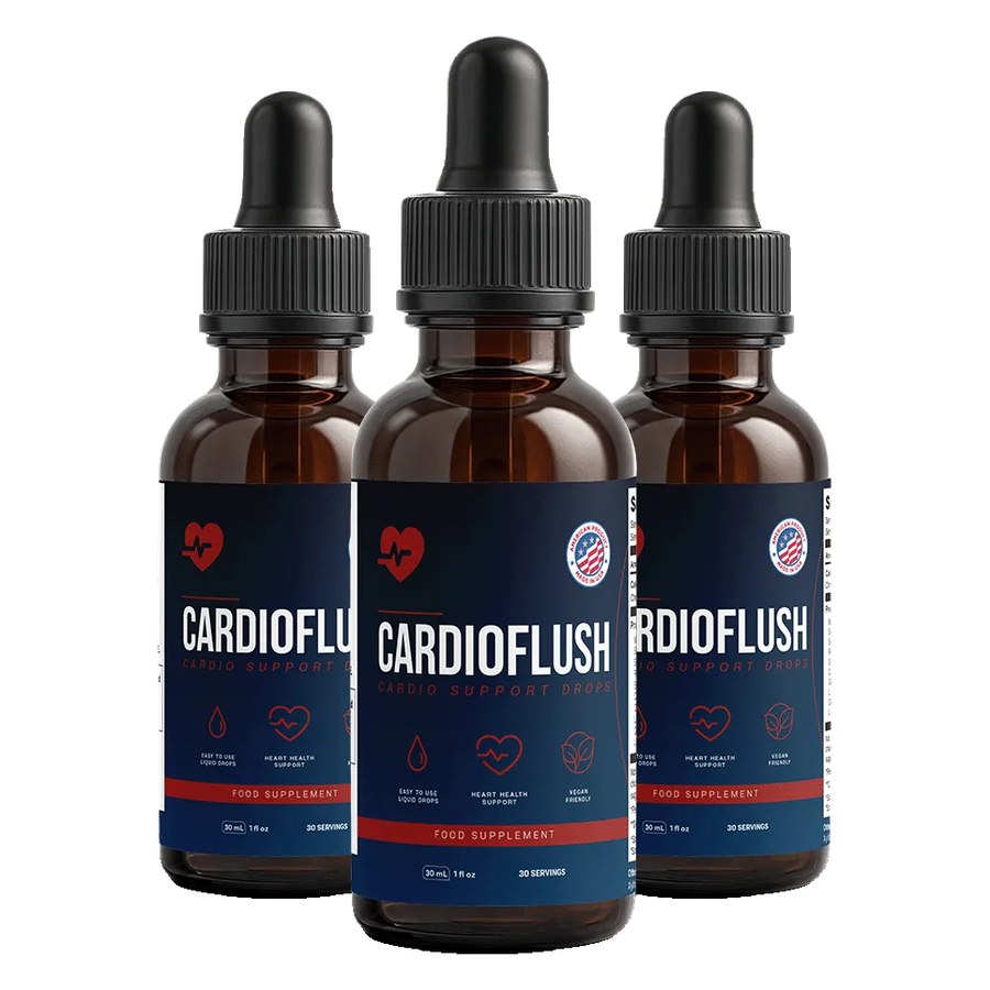 Bottles of CardioFlush heart support liquid drops, 30 mL each